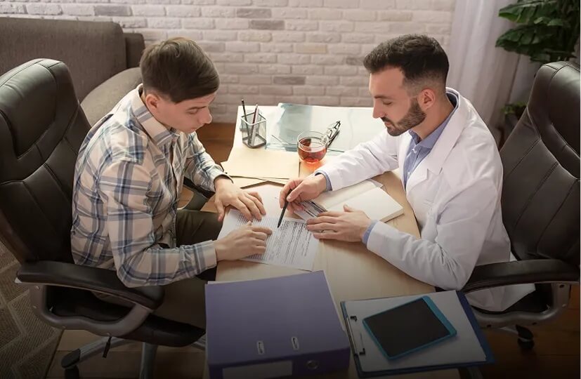 Na zdjęciu lekarz w białym fartuchu omawia z pacjentem dokumentację medyczną podczas konsultacji. Mężczyźni siedzą przy biurku, analizując wyniki i dokumenty.
